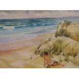 Girl in the Sand Dunes, large watercolour unsigned in the style of William Russell Flint,