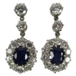 Pair of sapphire and diamond cluster pendant ear-rings stamped 750