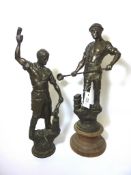 Pair patinated spelter figures 'Le Fondeur' (on wooden base) and 'Le Forgeron' H46cm