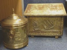 Brass slipper box decorated with ships H41cm and a similar coal bin (2)