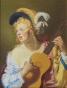 'Young Woman playing a Guitar' after Gerard Honthorst, oil on board signed by Jon Broughton ,
