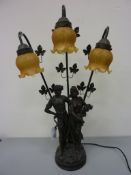 Bronzed three bulb figural table lamp H73cm