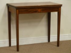 19th century inlaid mahogany tea table with foldover top on gateleg action base, W86cm, H75cm,