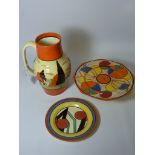 Clarice Cliff Fantastique 'Melon' pattern comport H7.5cm, Clarice Cliff Bizarre plate D17.