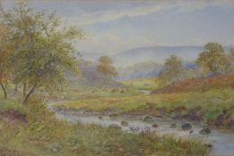 River Valley with Cattle Grazing, watercolour signed by Albert Kinsley (1852-1945) 32cm x 48cm