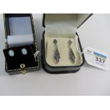 Pair of marcasite pendant ear-rings stamped 925 and a pair of gold-plated opal ear studs