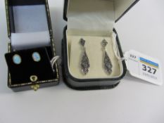 Pair of marcasite pendant ear-rings stamped 925 and a pair of gold-plated opal ear studs