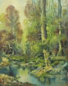 Wooded River scene with Fisherman,