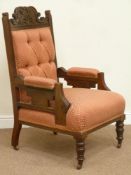 Edwardian walnut drawing room armchair, carved top pediment, upholstered seat,