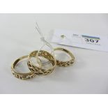 Two gold rope twist rings hallmarked 9ct and a Greek key pattern ring stamped 585 total approx 8gm