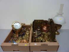 Pair 19th century brass candlesticks, Arts and Crafts design jardiniere, wall clock,