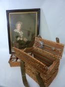 Wicker picnic hamper with contents and a framed colour print 'Bubbles' after J E Millais