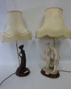 Capodimonte 'Balcony Couple' figural table lamp and a bronzed effect table lamp 'Lady with Dog' -