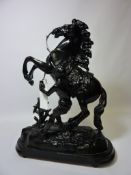 Pair painted spelter groups of horses and their grooms in the manner Cousteau's 'Marly Horses' -