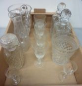 Etched glass carafe, cut crystal ice pail, pair of decanters,