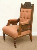 Edwardian walnut drawing room armchair, carved top pediment, upholstered seat,