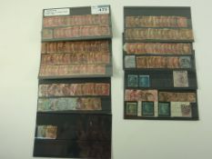 Collection of GB One Penny Reds 1841 - 1902 and other Victorian stamps on seven stockcards