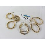 Two pairs of gold hoop ear-rings stamped 375, a pair of tri-colour hoop ear-rings,