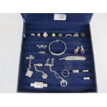 Box containing  rings, bangle, brooches, pendant necklaces hallmarked, stamped 925 etc.