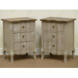 Pair French style serpentine three drawer pedestal bedside chests, W48cm, H65cm,