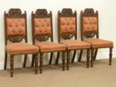 Set four Edwardian walnut chairs, carved top pediments,