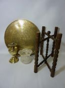Benares table H50cm and a brass oil lamp (2)