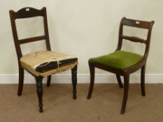 19th century sabre leg chair with carved back rail and upholstered drop in seat and Edwardian chair