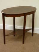 20th century oval shaped mahogany two tier occasional table, with inlaid decoration, 70cm x 44cm,