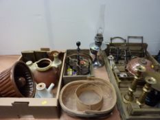 Pair brass candlesticks, kitchen scales, large jelly mould, other vintage kitchenalia, horse bits,