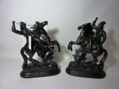 Pair spelter figures of mounted soldiers H33cm