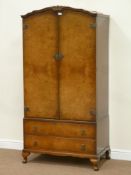 Reproduction walnut part fitted double wardrobe shaped top with two drawers to base, W94cm, H187cm,