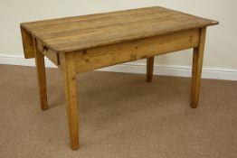 19th century pine table fitted with single drop leaf, and drawer and either end, 135cm x 81cm,