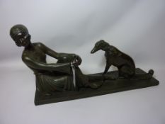 Art Deco style bronze effect sculpture of a seated woman with a Borzoi dog L58.