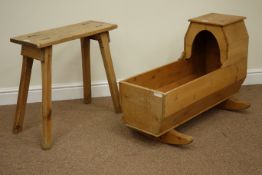 19th century waxed pine jointed plank bench and 19th century pine infants cradle
