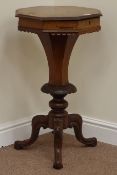 Victorian octagonal walnut sewing table enclosed by inlaid hinged lid,