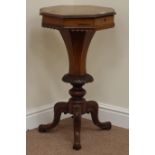 Victorian octagonal walnut sewing table enclosed by inlaid hinged lid,