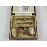 Pearl stick pin stamped 15ct, other pins, bar brooches,