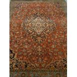 Persian Meshed rug multi patterned border, all over patterned field, blue ground,