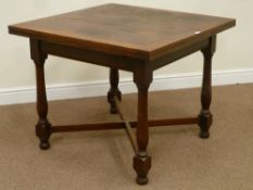 Early 20th century oak drawer leaf dining table, X shaped stretcher base, 91cm x 91cm closed,