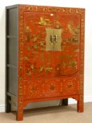Chinese red lacquered cabinet, enclosed by two doors, fitted with two shelves,