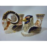 Two Royal Crown Derby 'Mythical Creatures' candle holders - winged ram and griffin