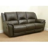 Three seat sofa fitted with end recliner (W218cm), and matching two seat reclining sofa (W148cm),