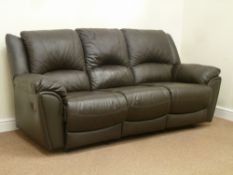 Three seat sofa fitted with end recliner (W218cm), and matching two seat reclining sofa (W148cm),