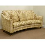 Quality curved two/three seat sofa upholstered in gold damask cover with scatter cushions,