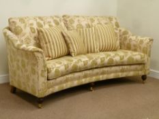 Quality curved two/three seat sofa upholstered in gold damask cover with scatter cushions,