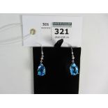 Pair of tear drop blue topaz and diamond drop ear-rings stamped 750