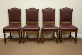 Set four Edwardian oak dining chairs shaped top rail,