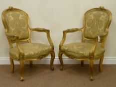 19th century pair French Louis XV style gilt wood framed armchairs,