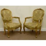 19th century pair French Louis XV style gilt wood framed armchairs,