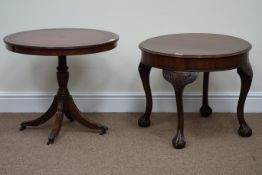 Reproduction mahogany circular occasional table with inset leather top,